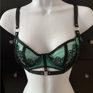 Sheer Lace Underwire Bra in Emerald Green and Black